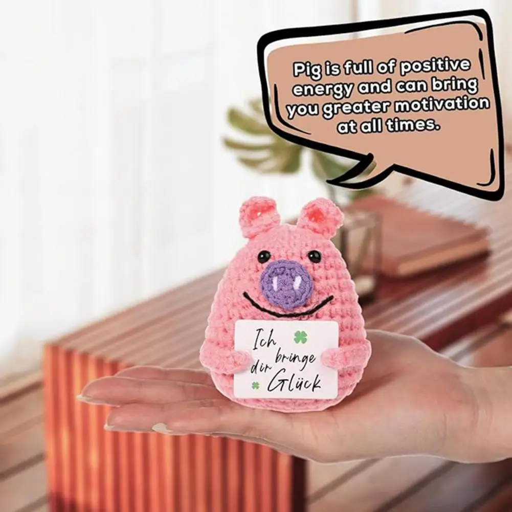 Crochet Pig Doll Positive Pink Pig Handmade Crochet Pink Pig Doll with Encouraging Card Emotional Support Toy for Kids Adults