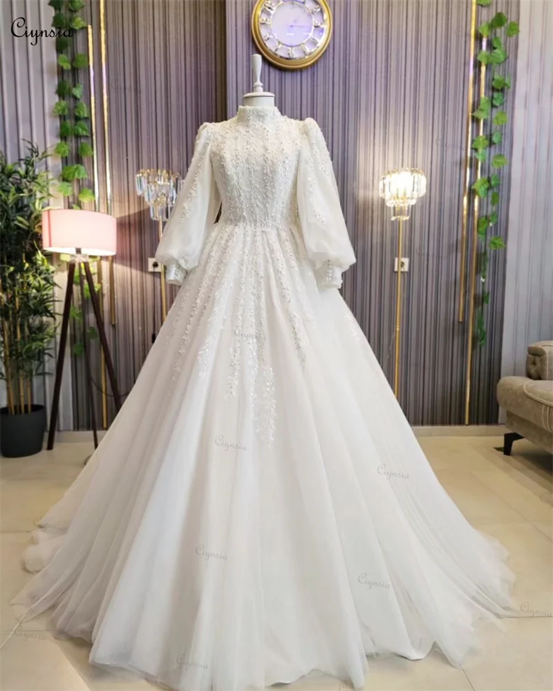 Ciynsia-Robe de mariée princesse A-ligne à manches longues pour mariée, robes de luxe avec perles en dentelle, Dubaï musulman, patients, 2024