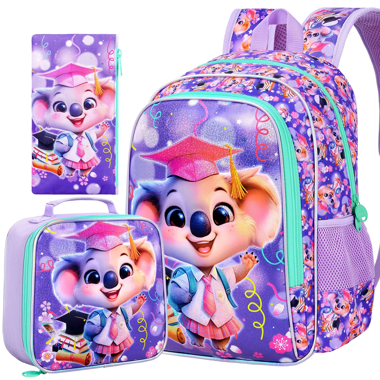 3-teilige Koala-Büchertasche für Mädchen, 40,6 cm großer Kinderrucksack mit Lunchbox, Grundschul-Schultasche für Kleinkinder – Lila Dr. Koala
