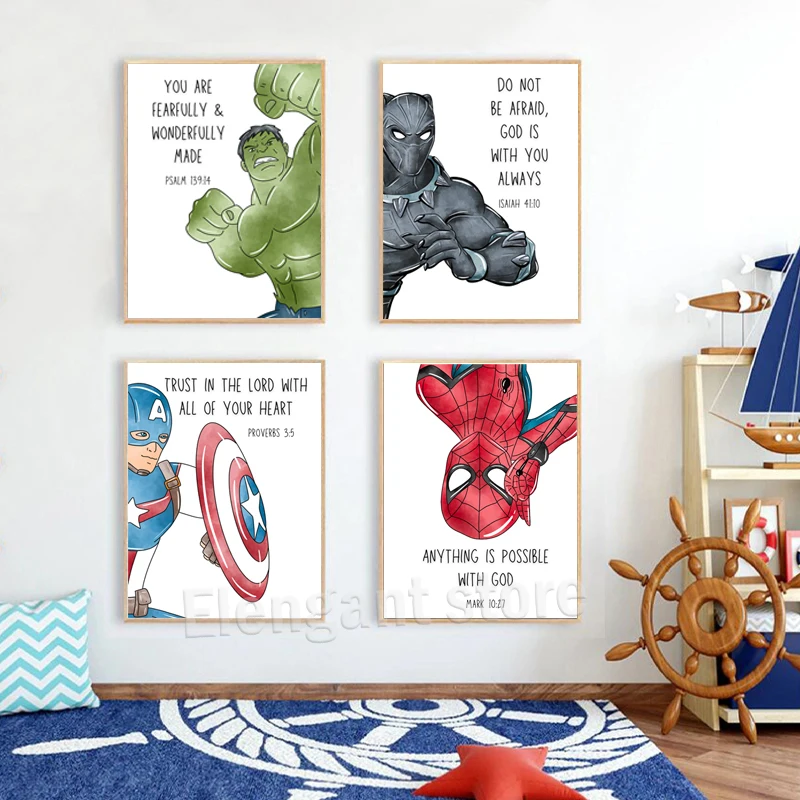 Superheroes With Bible Verses Art Prints Watercolor Cartoon Posters Marvel Avengers Canvas Painting Boys Room Wall Picture Decor