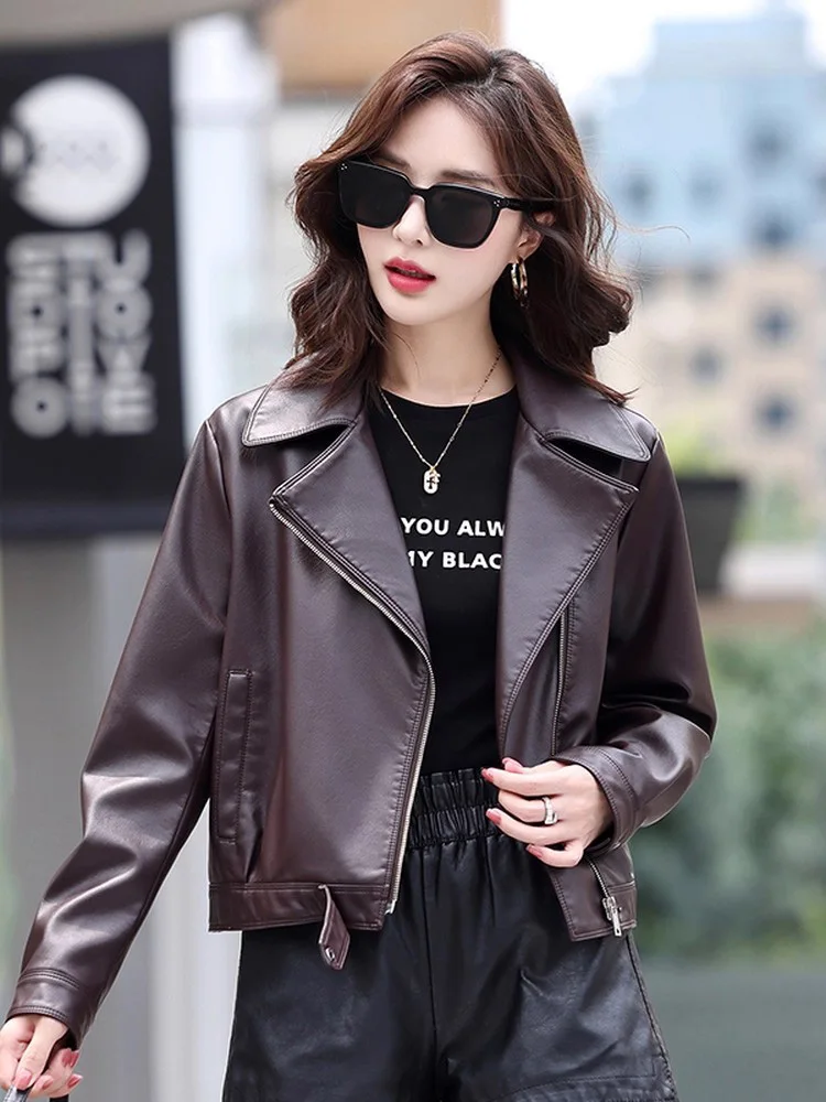 Nouveau Femmes Ample Veste en Refente de cuir Printemps Automne Mode Col cranté Manches longues Manteau court Veste en Refente de cuir décontractée Femme