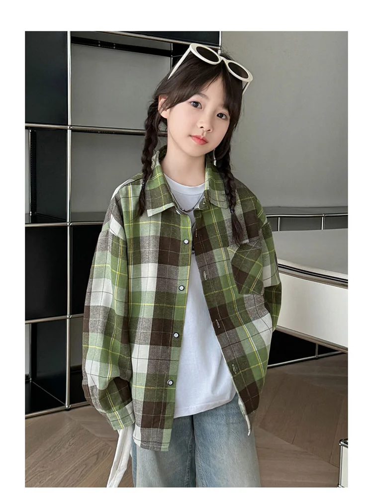 Koreanischer Stil, langärmliges kariertes Hemd für Teenager-Mädchen mit Tasche, neue Mode-Streetwear-Oberbekleidung für Kinder, Baumwollbluse für Kinder im Alter von 5-14 Jahren. – Detail 10