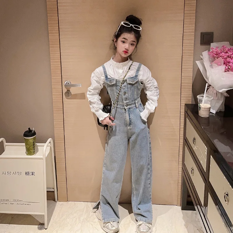 

2025 Korean Autumn School Girl Two-piece Suit Teenager Girl Bubble Sleeve Shirt+Denim Overall Trousers Outfit For Girls 4-12Yrs