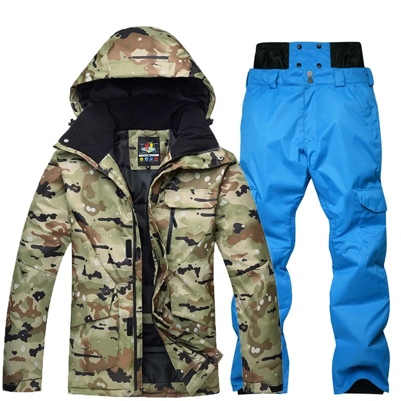 Jaqueta de esqui impermeável com estampa camuflada personalizada + calças terno de snowboard masculino roupas de neve roupas de esqui para homem terno de esqui