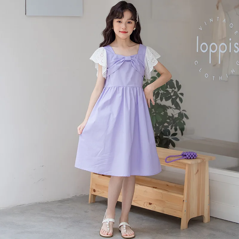 Girls Skirt Children Cotton Dress Girls 2024 Summer Lace Lace Lotus Skirt Korean Version Children Short-sleeved Skirt Simple