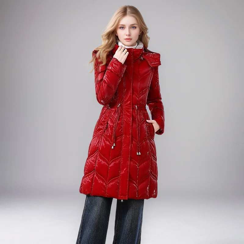 

Глянцевая зимняя женская стеганая куртка с затянутой талией и воротником-стойкой, женская куртка-парка, длинное пятностойкое пальто для женщин
