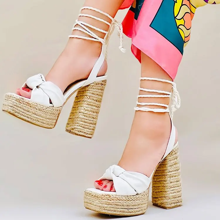 Square Toe Wrapped Espadrilles Sandals Classic Braided Chunky Heel Summer Platform Ankle Lace Up Women Summer Open Toe Shoes