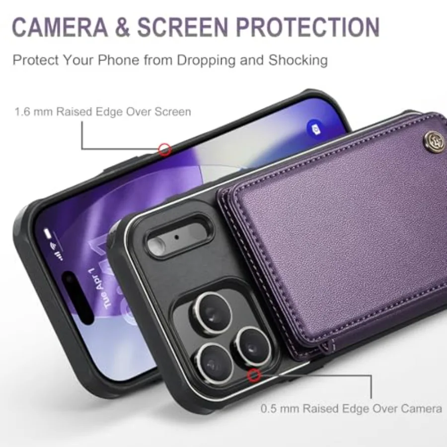 حافظة محفظة واقية أرجوانية مع حامل بطاقات مدمج وحجب RFID لهاتف iPhone 17 Pro Max 6.9 تتميز بمسند وSh