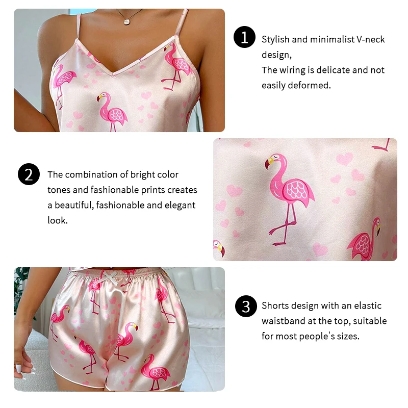 Women\'s Cute Flamingo Print Satin Pajama Set - V Neck Cami Top and Elastic Shorts for Comfortable Sleep and Lounging Homewear