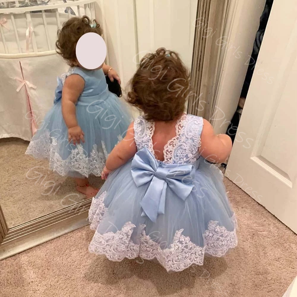 Vestido de menina de flor personalizado para casamento, crianças, renda branca, apliques de tule, princesa, concurso, comprimento de chá, vestido de aniversário