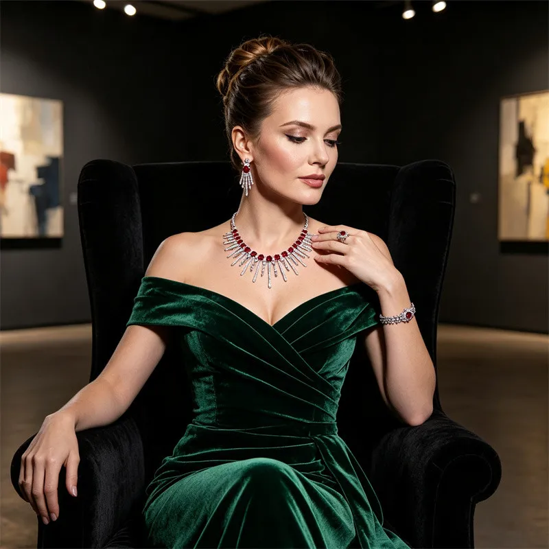 4Pcs Geometric Shape Sparkling Cubic Zirconia Necklace Earring Bangle Ring for Women Evening Bride Ornaments Bridal Jewelry Set