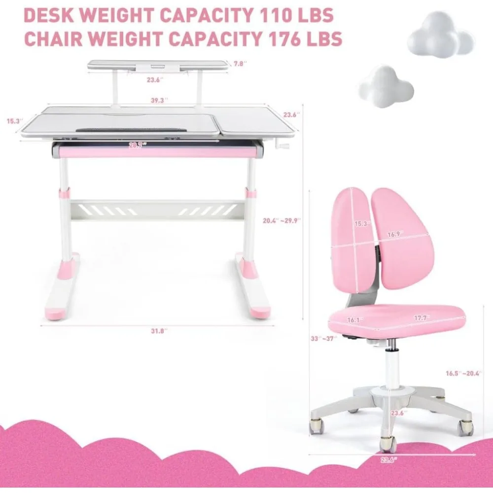 Premium Kids Study Desk and Chair Set,Adjustable Girls School Writing Study Table,Ergonomic Desk Chair with Large Writing Board