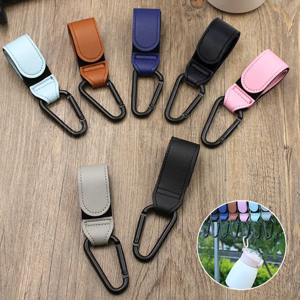 Convenient Baby Stroller Hooks Clips Stroller Accessories Aluminum Alloy Carabiner for Pram Hanging Diaper Bags PU Leather