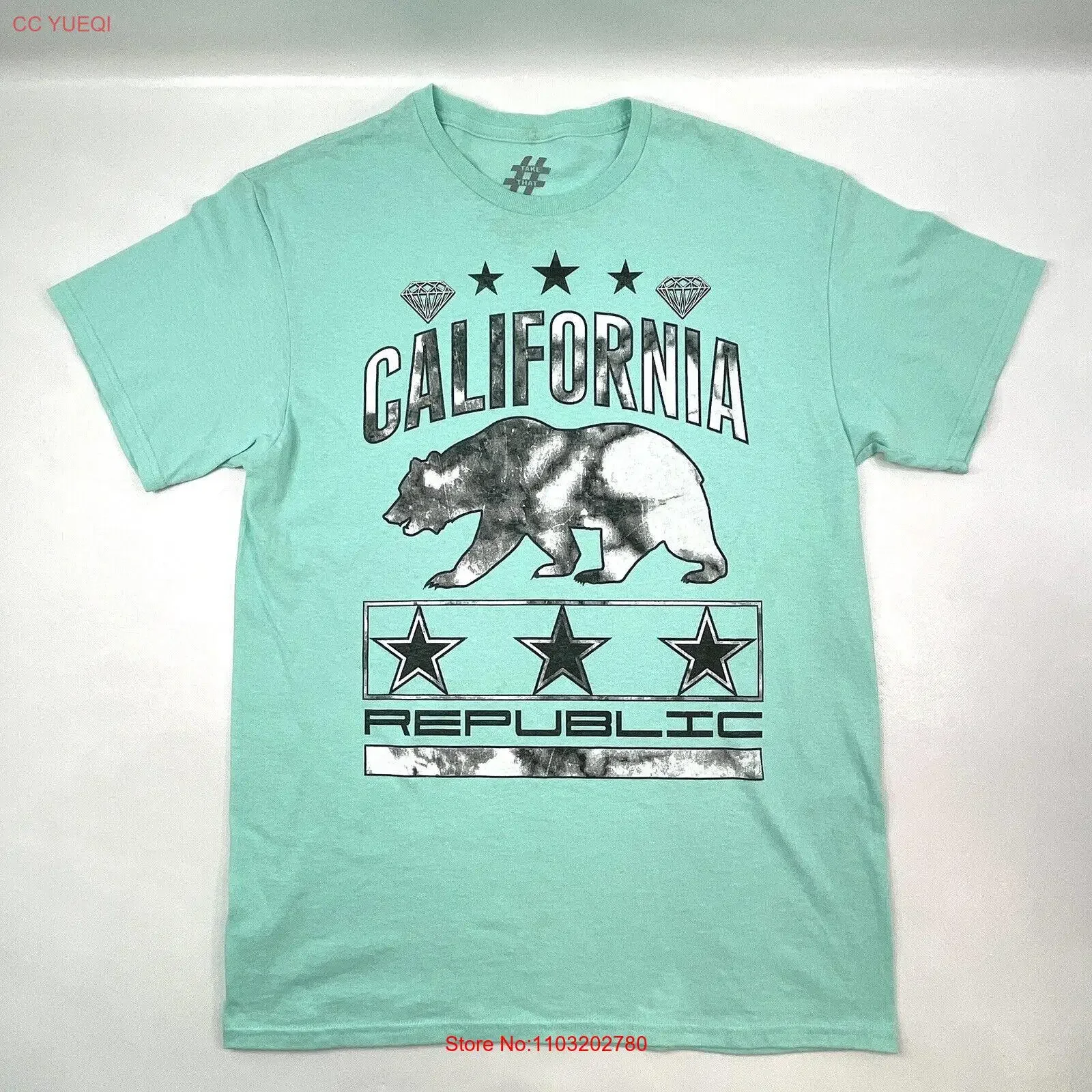 Одежда Bailey Take That California Republic Bear Бирюзовая футболка мужская, размер M, винтажная стираная модная уличная одежда, растянутая