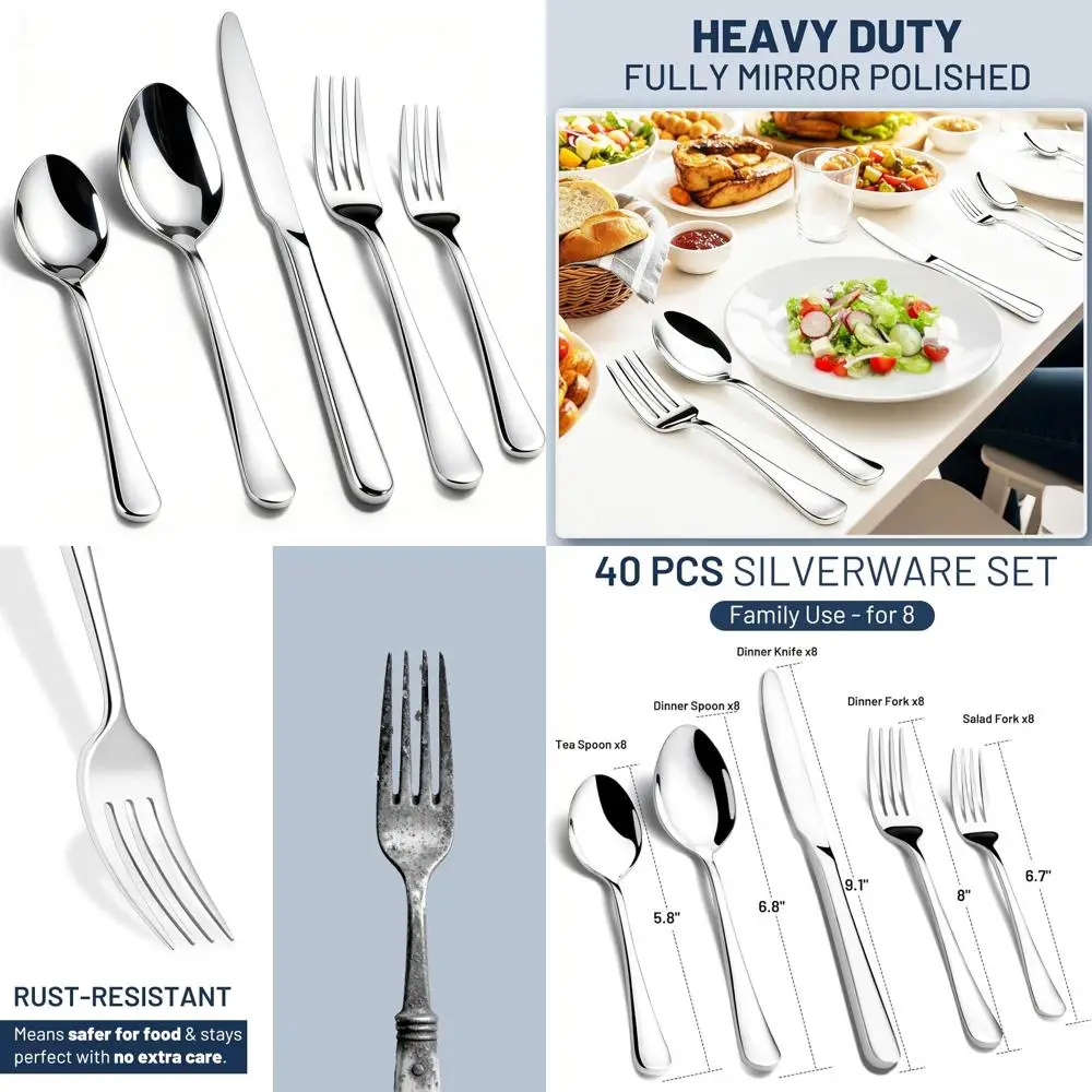 

8-Piece Stainless Steel Silverware Set: Heavy-Duty, Mirror Polished Cutlery for Home, Kitchen, and Weddings