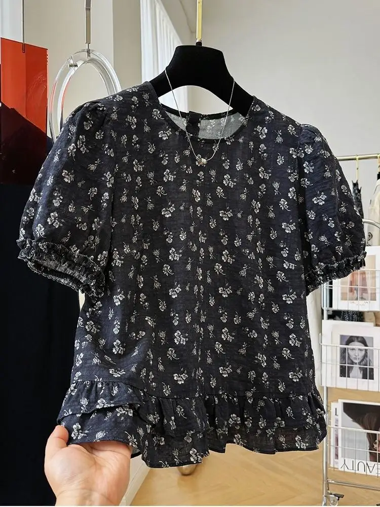 

Summer Women Elegant Print Shirt Casual Fashion Vacation Crew Neck Puff Sleeve Tops Clothing
