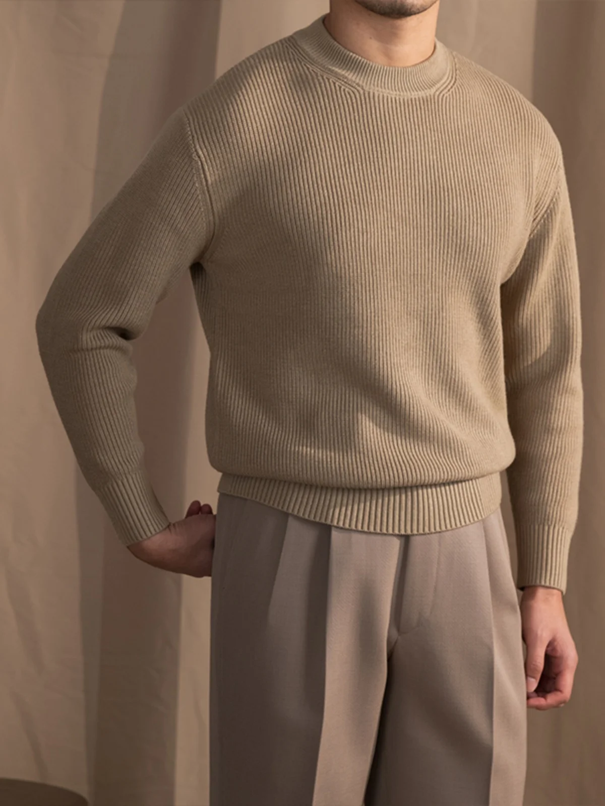 High-End Japanese Leisure Wide Thick round Neck Sweater Wool Blended Pullover Long Sleeve Warm Sweater for Men