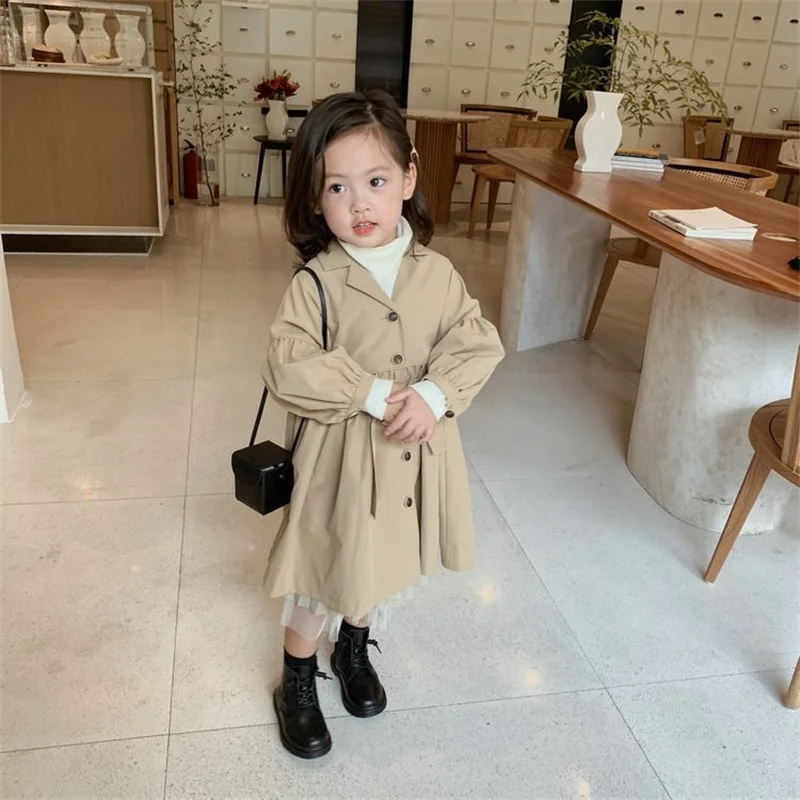 Girls Windbreaker Clothes Outerwear Spring Autumn New Kids Clothing Solid fashion Trench Coat Lapel mid-length Jacket For Girl