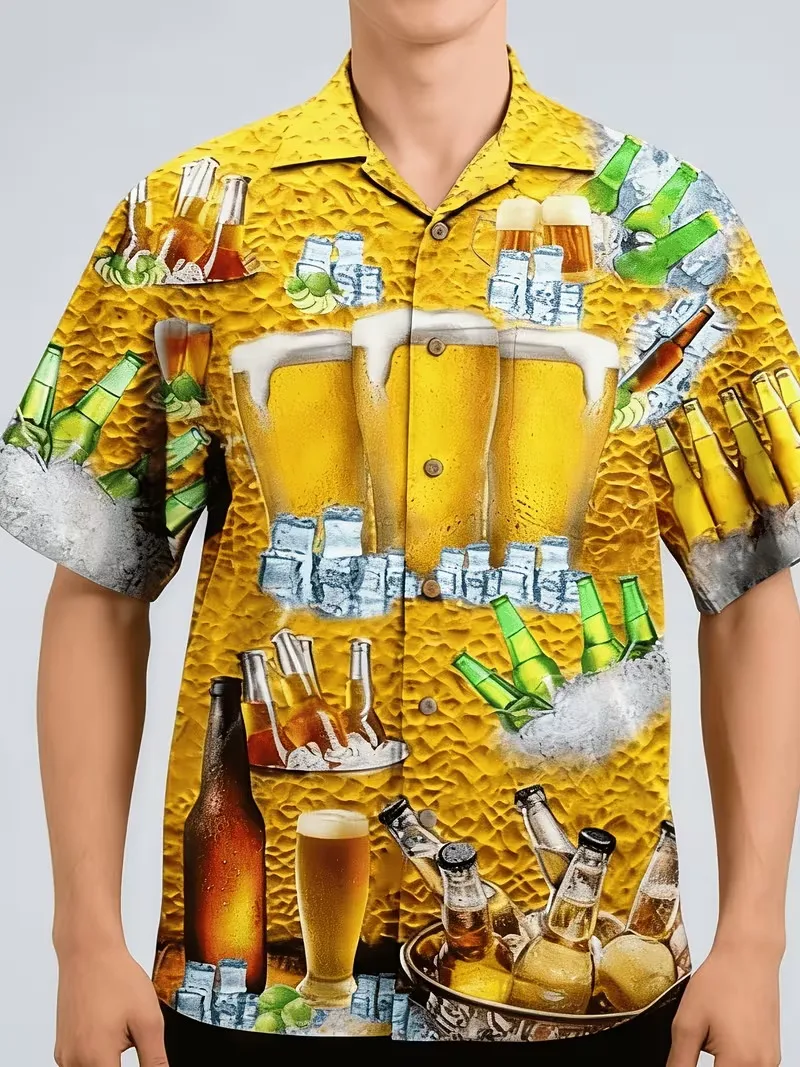 

Men's Beer & Ice Print Hawaiian Shirt Short Sleeve Beer Mug Graphic Button Down Casual beach Shirts for Beer Lovers
