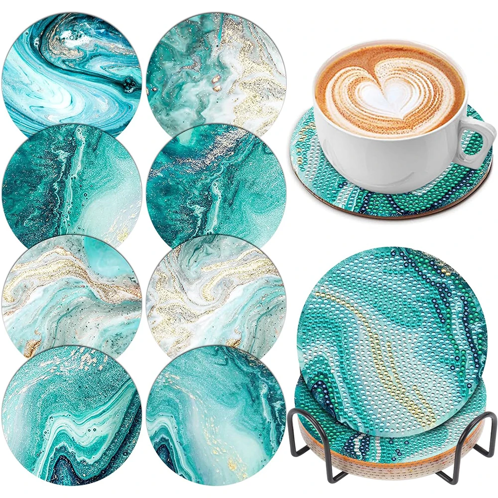 8PCS DIY Teal Marble Ocean Diamond Art Painting Coasters Kit with Holder Mosaic Drink Cup Cushion Art Crafts for Coffee Tablemat