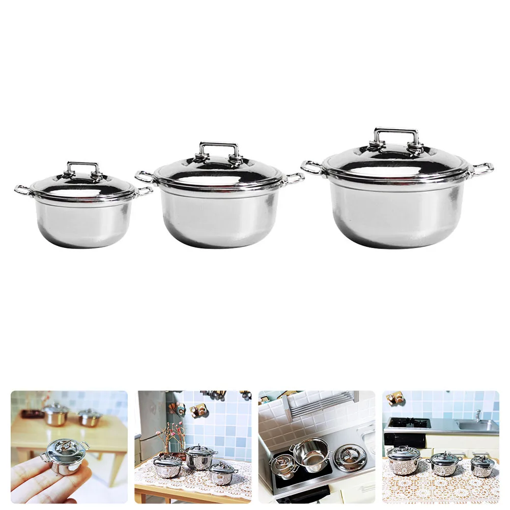 

3Pcs Mini Stockpot Set Exquisitely Crafted Realistic Design for Pretend Play Miniature Kitchen Utensil Decorative Food and Play