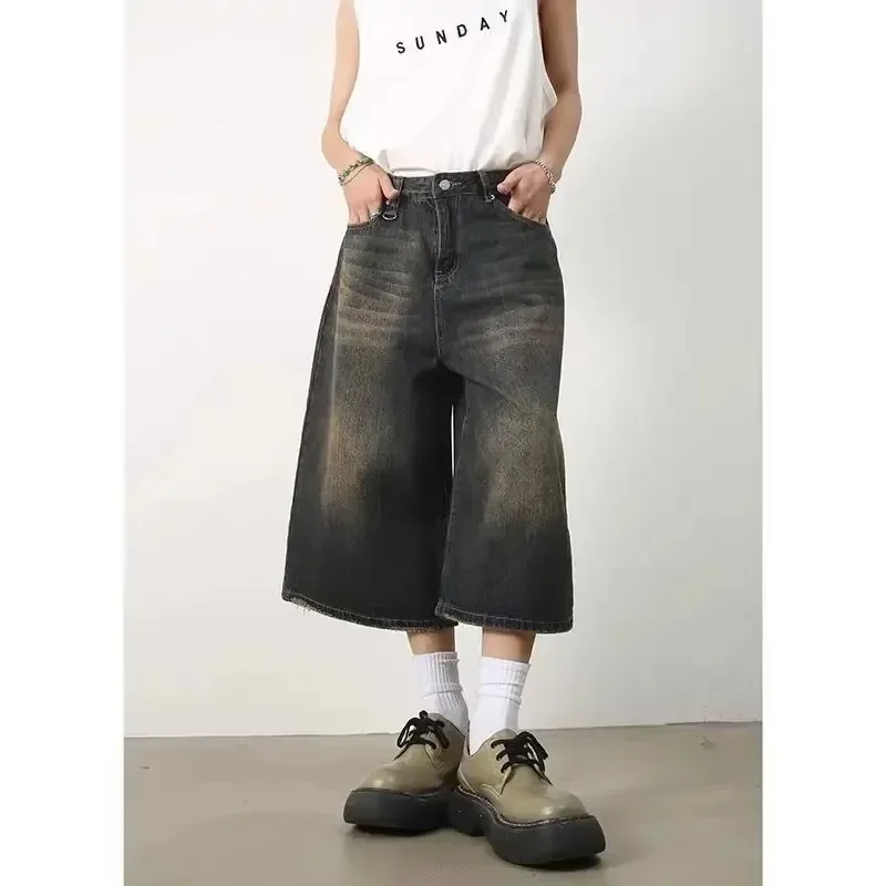 Short en denim baggy de style Y2k pour femme, pantalon court à jambe large, taille haute, lavage foncé, longueur au genou, jean décontracté unisexe, mode adt