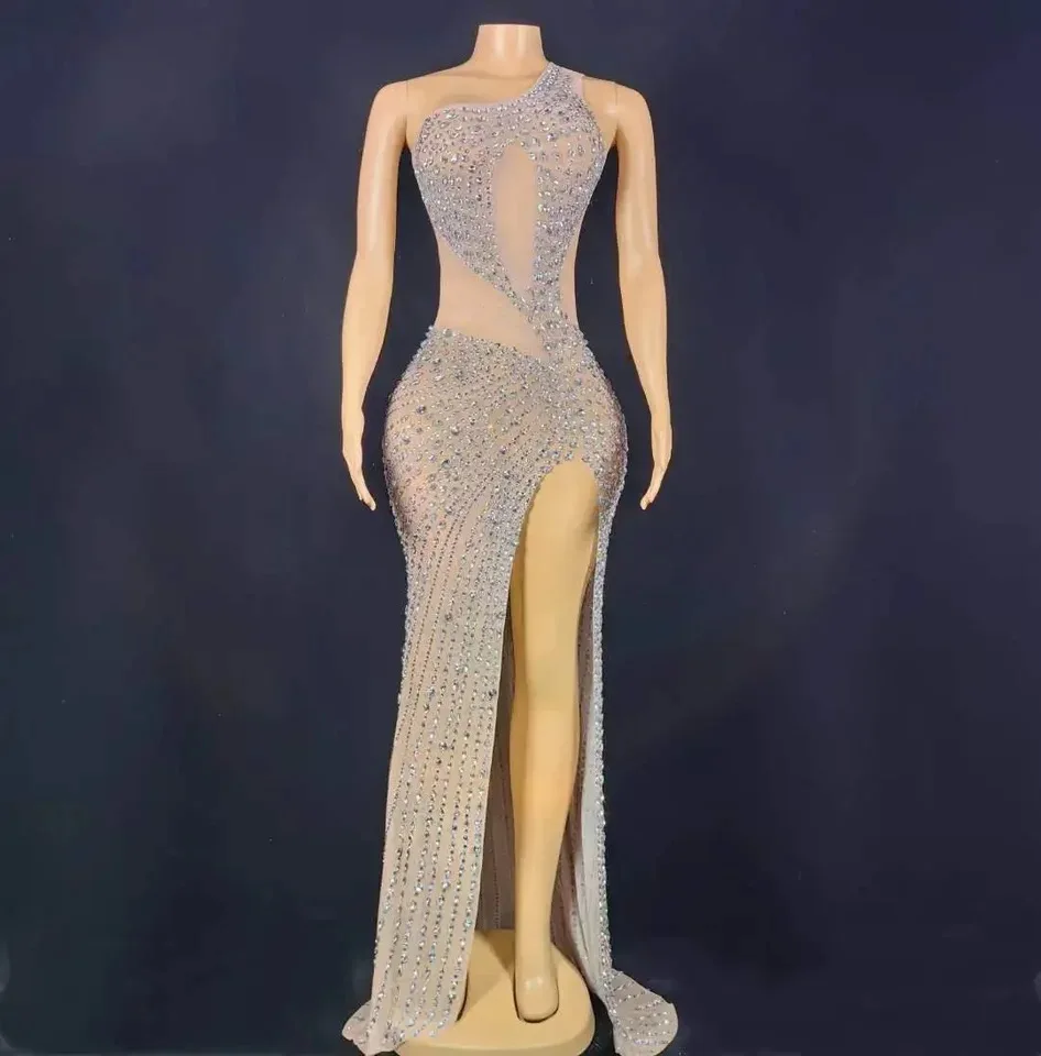 우아한 저녁 파티 드레스 클럽 가수 무대 공연 의상 여성 깜박이 라인 석 섹시한 메쉬 스트레치 롱 드레스