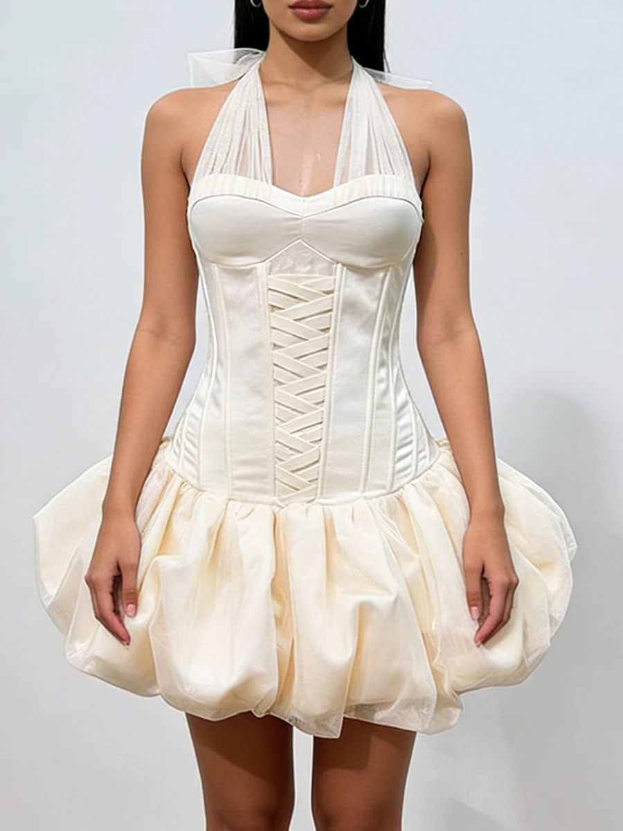 VGH Sweet Sexy Slimming Mini Dresses For Women Square Collar Sleeveless High Waist Lace Up Design Sense Solid Dress Female New