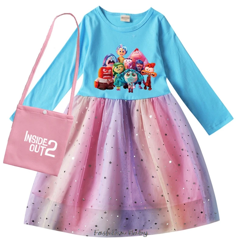 New Inside Out2 Kids Spring Autumn Dress + Small Bag Baby Girls Cute Lace Princess Dress Toddler Girls Birthday Party Dresses