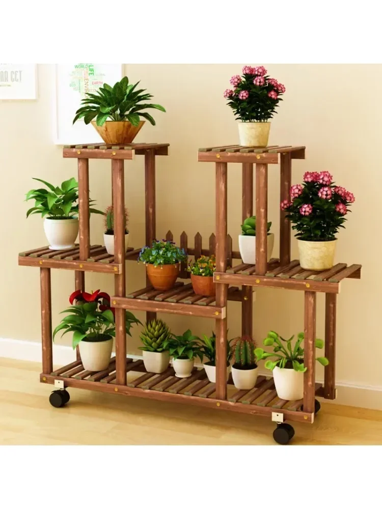 Succulent Flower Pot Flower Rack Solid Wood Multi-Layer Floor Surface Indoor Balcony Living Room Green Radish Storage Rack