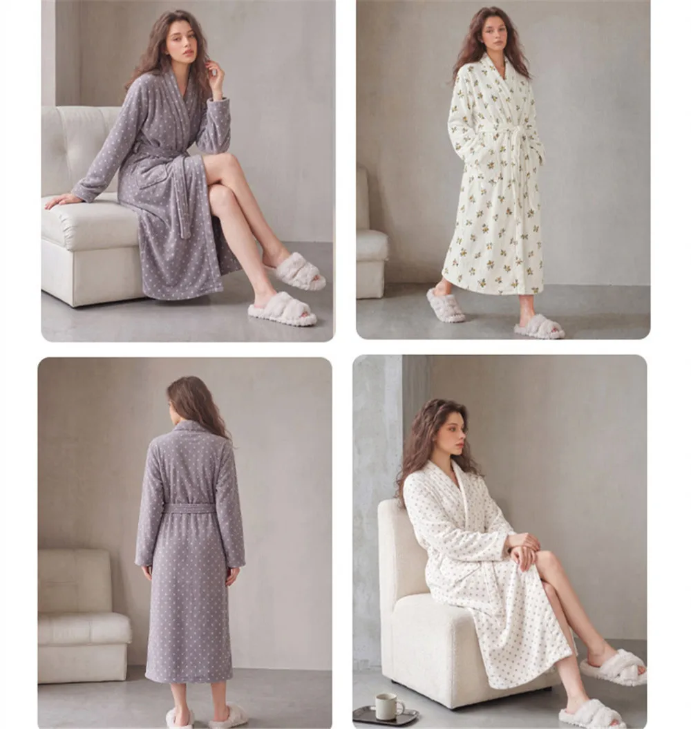 Thicken Flannel Long Robe Nightwear Printed Bathrobes Women Autumn Winter Coral Fleece Korean Simple Nightgown Homewear