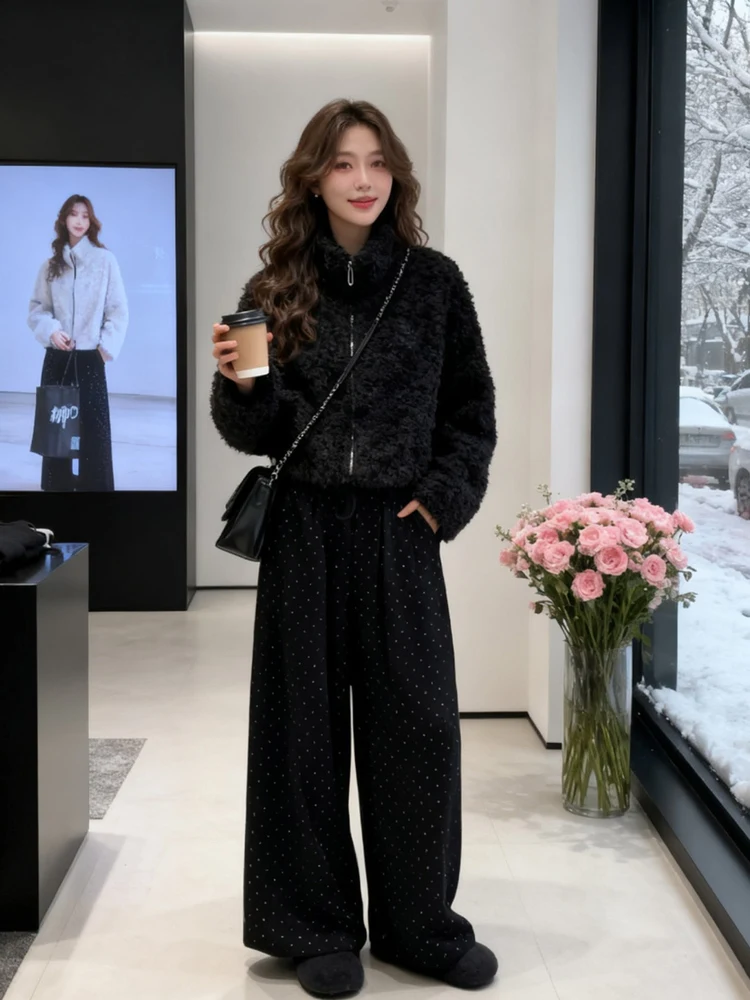

Elegant Winter Outfit Women's Plush Lamb Fur Black Stand Collar Cotton Jacket Polka Dot Casual Pants Two-Piece Set Fashionable