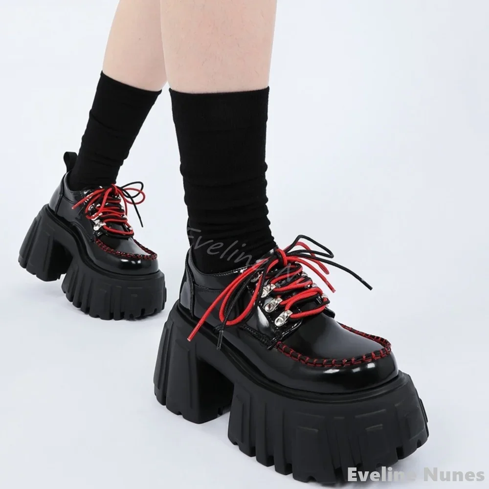 

Cyberpunk Tank Platform Shoes Women Round Toe Chunky Heel Black Red Rope Tie Patent Leather Ankle Boots New Fashion Hotties Boot