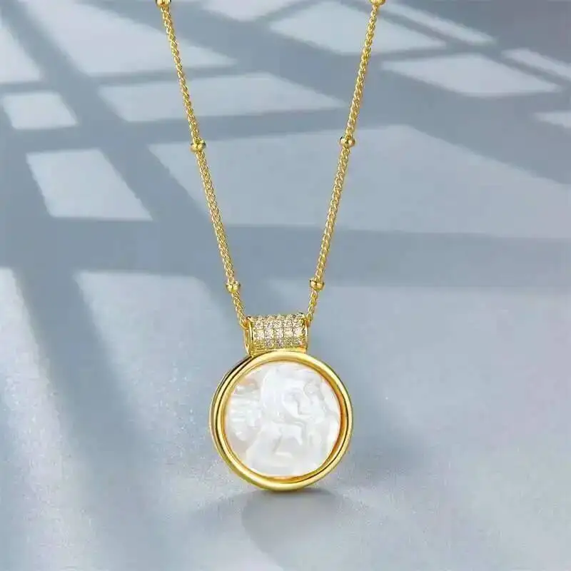 GEEZENCA White Shell Angel 925 Sterling Silver Gold Plated Pendant Necklaces Clearance Limited Stock First Come First Get