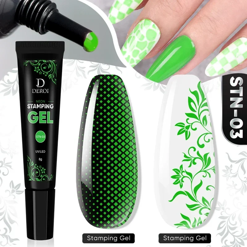 네일 스탬핑 젤 광택제 네온 컬러 네일 프린팅 광택제, UV 젤 흡수 바니시, 초보자용 DIY 네일 플레이트 디자인 DEROI, 8g