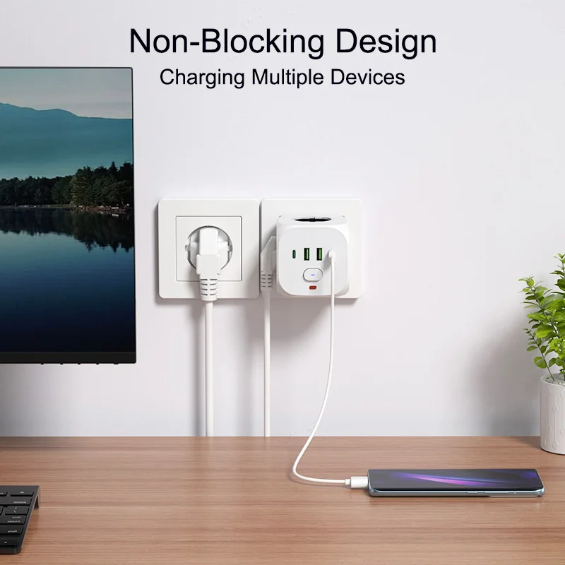 1 7-in-1 EU-Steckdosenleiste, Überspannungsschutz-Steckdosenleiste mit 3 AC-Steckdosen, 2 USB-Anschlüssen und 2 Typ-C-Anschlüssen, Würfelsteckdose für Zuhause – Detail 1