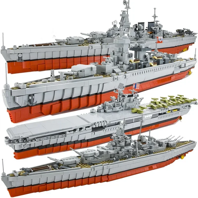 WW2 Military Warships Series Building Blocks HMS Hood KMS Bismarck Battleship Carrier Model Soldier Weapon Bricks Toys Gift