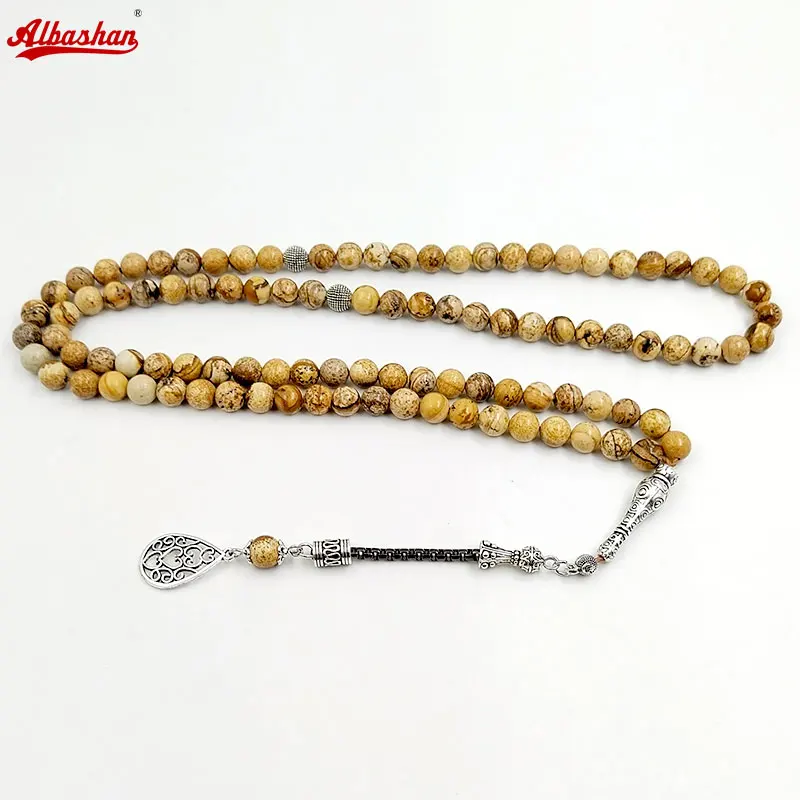 

ALBASHAN Tasbih Natural yellow Jasper Stone 99 100 beads 8mm Pocket Prayer Beads Muslim Bracelet Gift Islamic Rosary