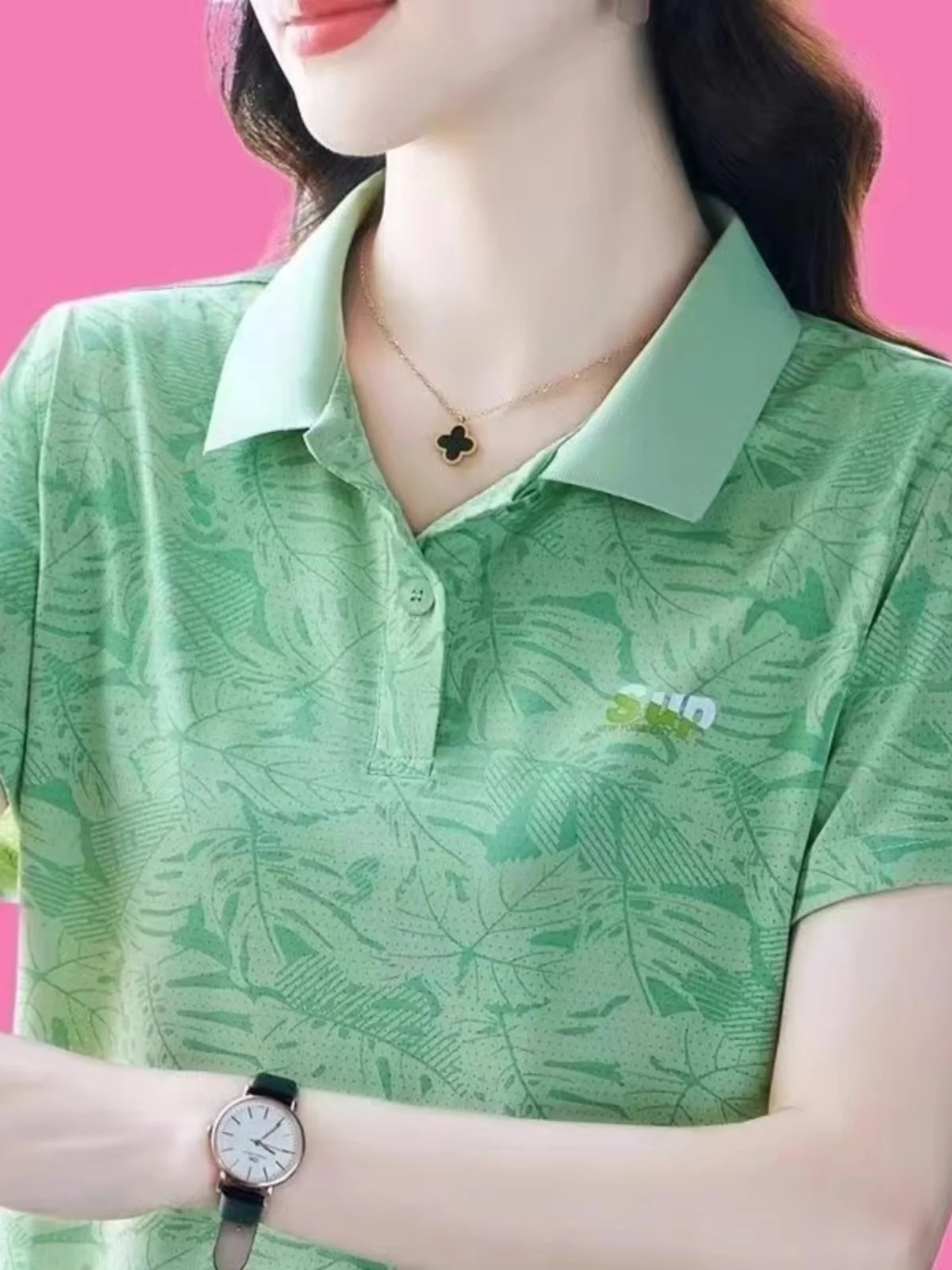 

Faionable Versatile Thin Collared irt Mommy Sle Summer Ice Silk Qui Dry Sport Anti-Aging T-irt Women