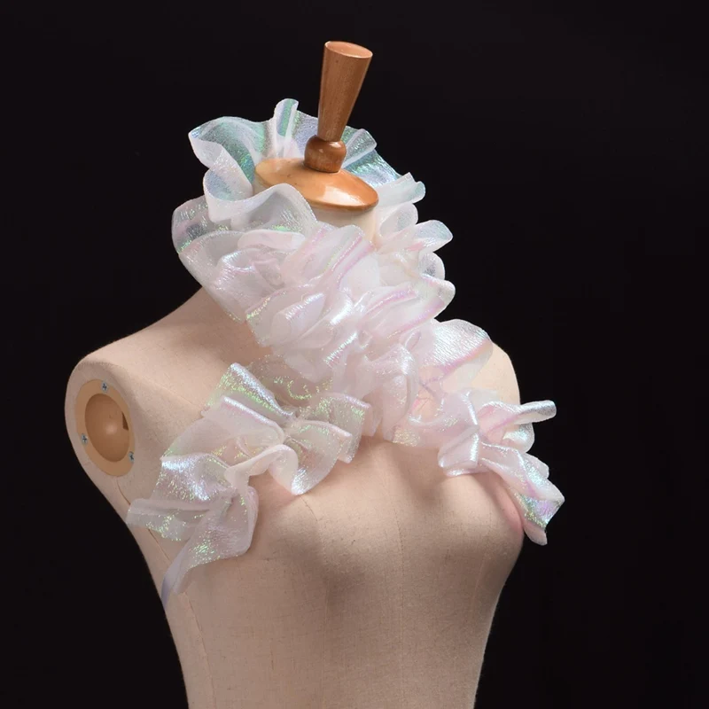 Kerah Mengkilap Bergaya Victoria dengan Ruffle, Kostum Retro Gotik, Kerah Putih