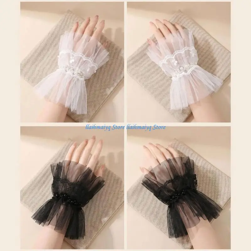 573B Pearls Studded Wrist Cuffs Faux Sleeves For Office And Casual Outfit Enhancement