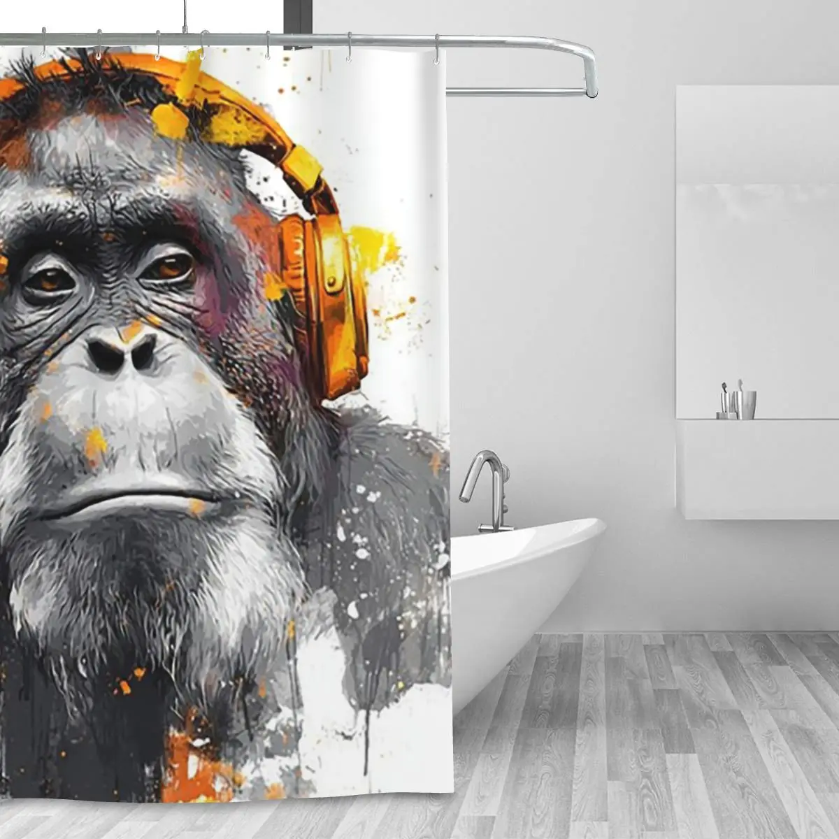 DJ Monkey Thinker Orangutan With Gold Headphones Shower Curtain Bathroom Polyester Waterproof Bath Curtains with Hooks