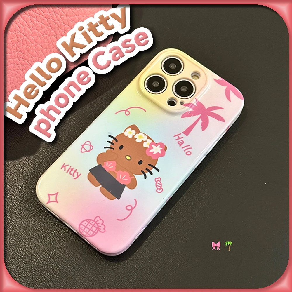 Kawaii Hawaii Bikini Tan Hello Kitty Protective Cover Sanrio Anime Fashion Shockproof Case for IPhone 14 13 12 Pro Max Girl Gift