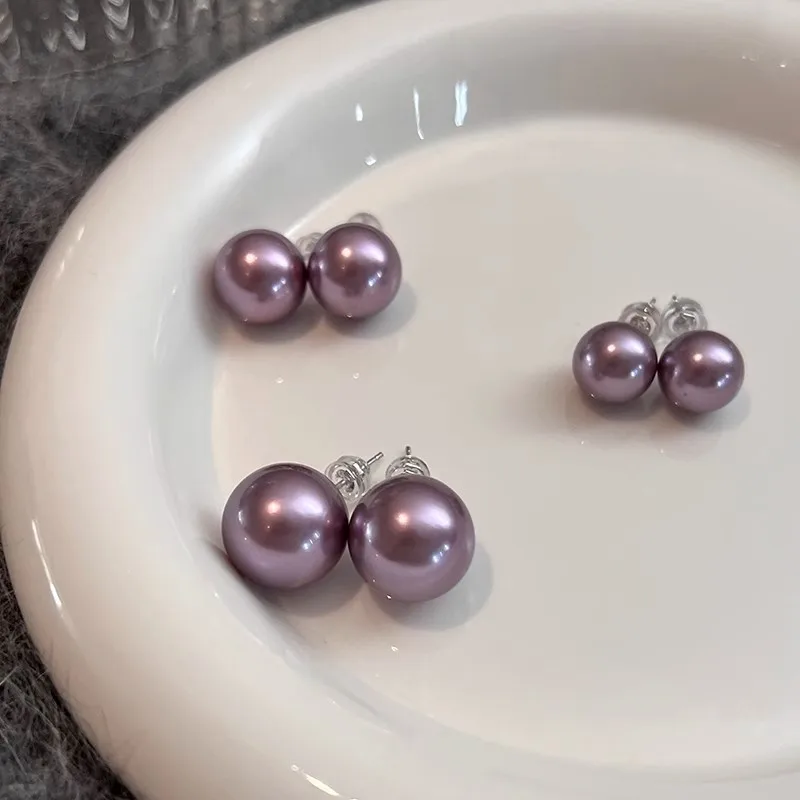 

Violet purple pearl earrings for women, natural Australian mother of pearl 925 sterling silver temperament round earrings