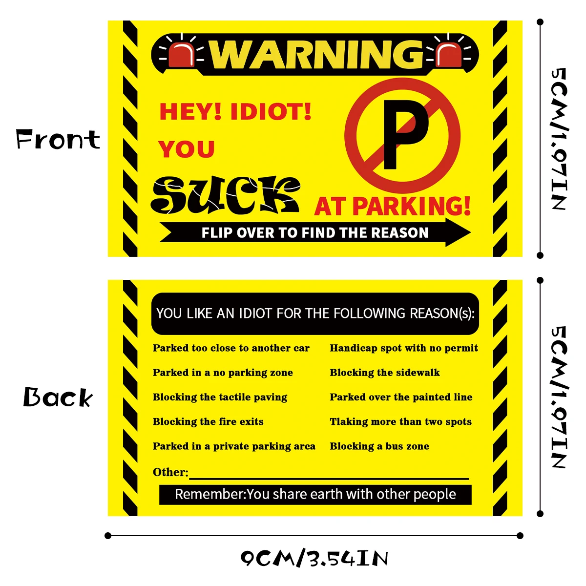 50pcs No Permit Area Violation Warning Notice Card,You Parked Like An Idiot Business Cards,Writable Bad Parking Cards for Car