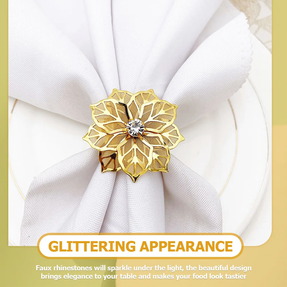 6Pcs Golden Napkin Holders Fine Craftsmanship Rhinestone Flower Design Anniversary Holidays Table Setting Gift