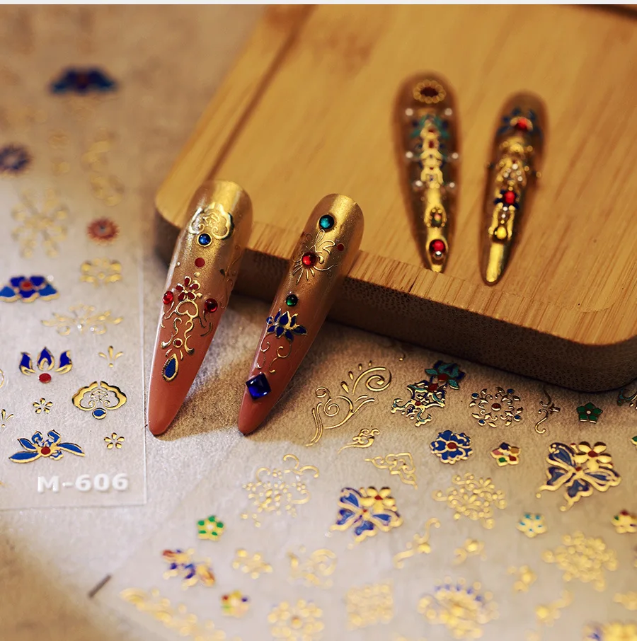 5D Relief Gorgeous Stamp Gold Retro Palace Exquisite Floral Totem Butterfly Adhesive Nail Art Stickers Decals Manicure Ornaments