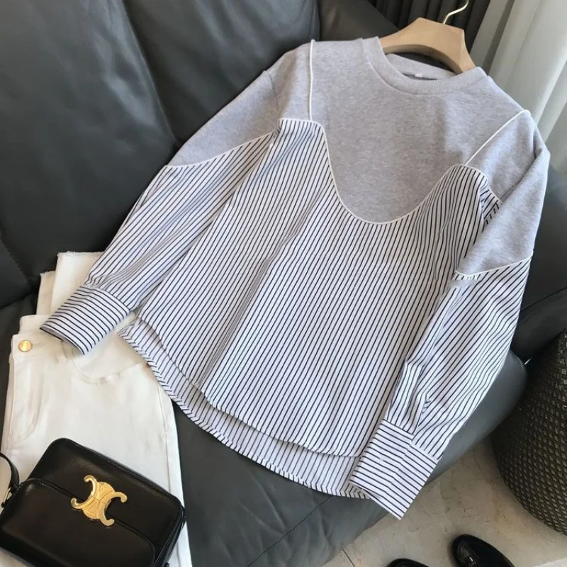Kadın Kore Gevşek Iki Parçalı Set Çizgili Tişörtü İlkbahar Sonbahar Yeni İşe Gidip Moda Uzun Kollu Patchwork Kadın için Tops