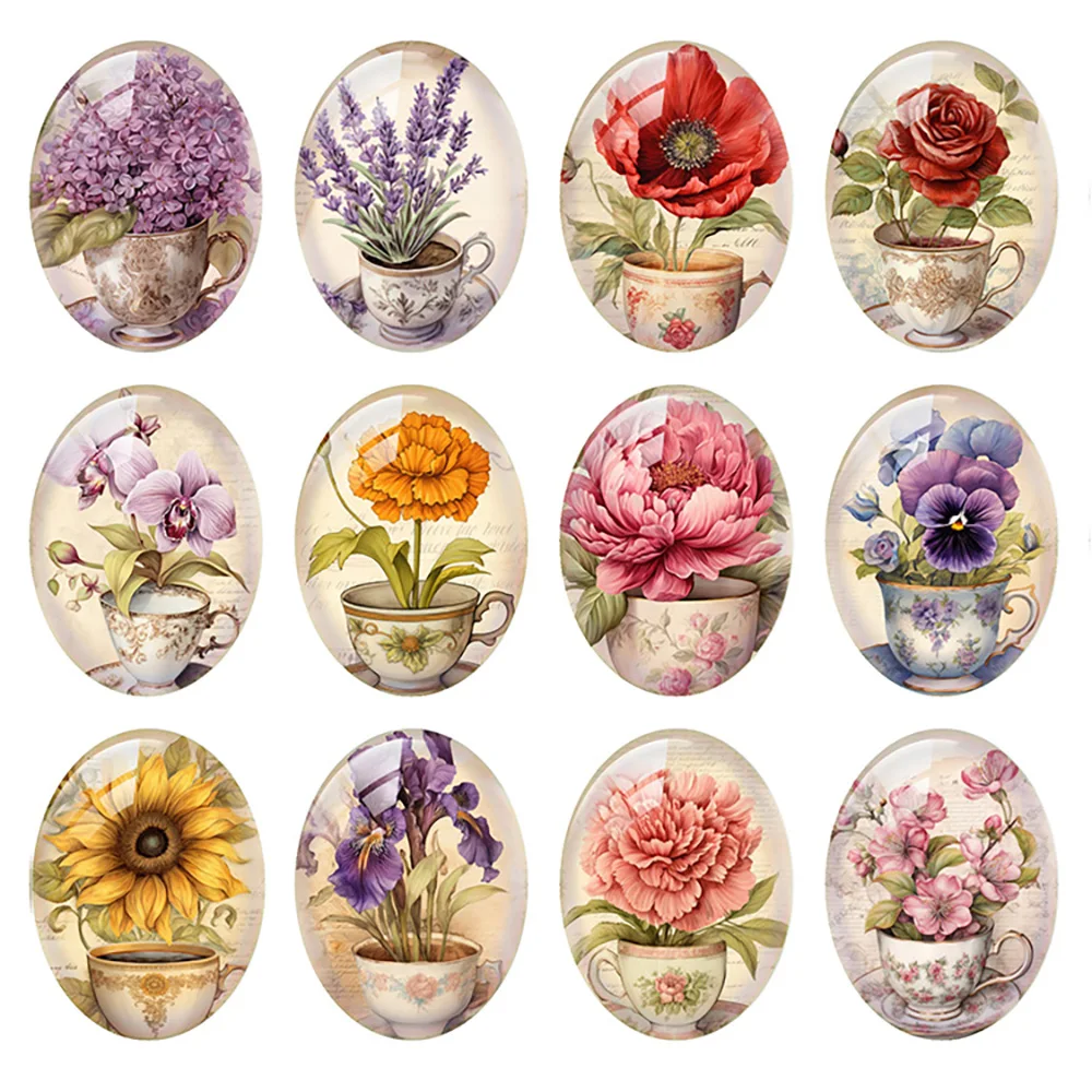 Random Mixed Round/Oval/Square Flower Hydrangea Tulip Lavender Photo Glass Cabochon Flatback Demo Cameo For Diy Jewelry Making