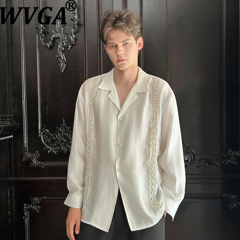 WVGA Spring Autumn New Men Beaded Embroidery Elegant Design Collared Trendy Long Sleeved Shirt Niche Chic Casual Tops Ins W26691